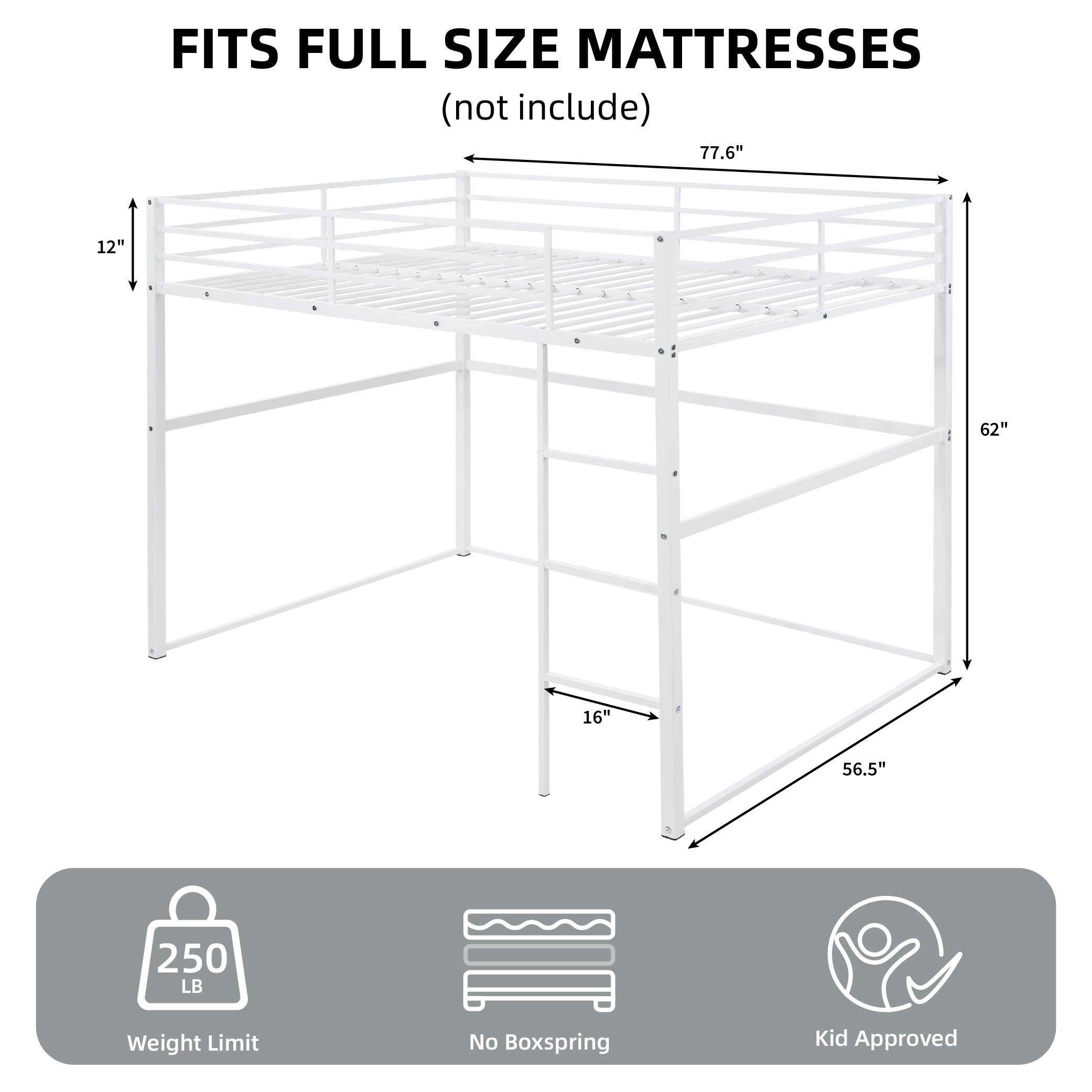 Metal Loft Bed Full Size, Loft Bed Frame with Safety Guard Rails & Flat Ladder, Twin Loft Bed for Kids Teens Adults, White Metal Loft Bed Full Size, Loft Bed Frame with Safety Guard Rails & Flat Ladder, Twin Loft Bed for Kids Teens Adults, White
